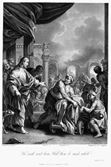 JESUS HEALING. The Impotent Man Healed. Steel engraving after the painting by Luca JESUS HEALING. The Impotent Man Healed. Steel engraving after the painting by Luca