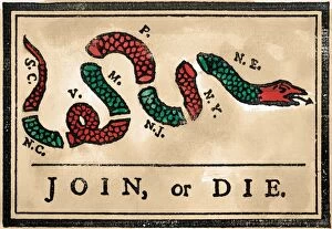JOIN OR DIE CARTOON, 1754. First American political cartoon, originally published by Benjamin Franklin in his
