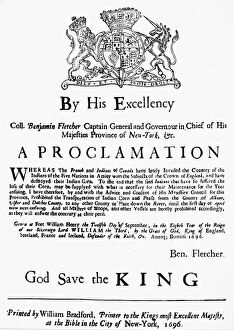 Fletcher Gallery: KING WILLIAMs WAR, 1696. Broadside printed by William Bradford of New York announcing
