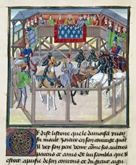 Tournament Gallery: KNIGHTS IN TOURNAMENT. Knights on horseback in a ring at a medieval tournament