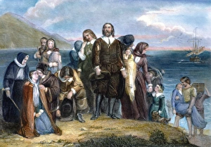 LANDING OF PILGRIMS, 1620. Colored engraving, 19th century LANDING OF PILGRIMS, 1620. Colored engraving, 19th century