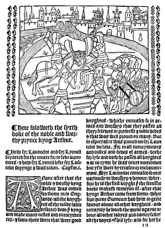LAUNCELOT OF THE LAKE. Woodcut depicting Launcelot at a tournament, from Wynkyn LAUNCELOT OF THE LAKE. Woodcut depicting Launcelot at a tournament, from Wynkyn