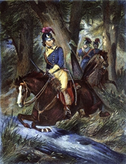 leading his militia troops through a South Carolina forest: colored engraving, 19th century leading his militia troops through a South Carolina forest: colored engraving, 19th century