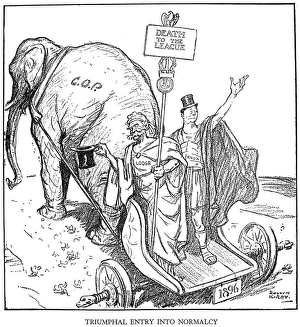 LEAGUE OF NATIONS CARTOON. Triumphant Entry into Normalcy. American cartoon, 1921 LEAGUE OF NATIONS CARTOON. Triumphant Entry into Normalcy. American cartoon, 1921
