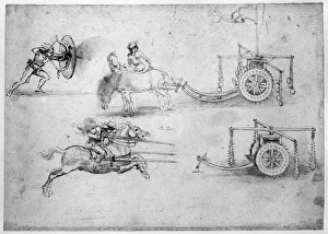 LEONARDO: WARFARE. Drawings by Leonardo da Vinci, c1500, depicting various types of combatants LEONARDO: WARFARE. Drawings by Leonardo da Vinci, c1500, depicting various types of combatants