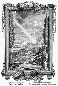 <b class=qtipBold><figcaption>Line engraving, German, 18th century</figcaption></b><br>NOAH BUILDING THE ARK. Line engraving, German, 18th century.<br><em>© none</em> Line engraving, German, 18th century