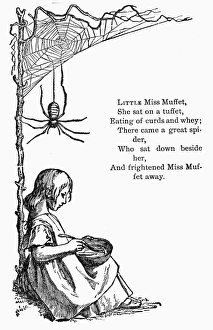 LITTLE MISS MUFFET. Wood engraving, late-19th century, for the nursery rhyme from Mother LITTLE MISS MUFFET. Wood engraving, late-19th century, for the nursery rhyme from Mother