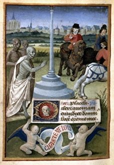 THREE LIVING & THREE DEAD. Illuminated manuscript for French Book of Hours, c1475 THREE LIVING & THREE DEAD. Illuminated manuscript for French Book of Hours, c1475