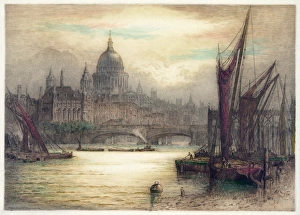 LONDON, 1929. View of St. Pauls Cathedral in the morning. Etching by James Alphege Brewer LONDON, 1929. View of St. Pauls Cathedral in the morning. Etching by James Alphege Brewer