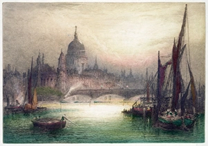 LONDON, c1929. View of St. Pauls Cathedral in the morning. Etching by James Alphege Brewer LONDON, c1929. View of St. Pauls Cathedral in the morning. Etching by James Alphege Brewer