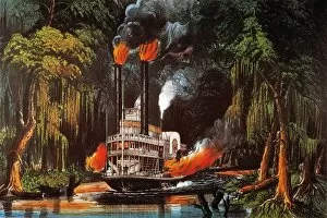 South East Gallery: LOUISIANA: STEAMBOAT, 1865. Through the Bayou by Torchlight. Lithograph, c1865