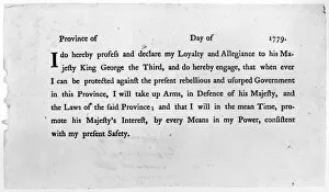 LOYALIST OATH, 1779. Form used during the American Revolution by British officials to sign up Americans loyal to King