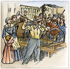 LUDDITES, 1811. English workers and Luddites smashing a spinning jenny in a factory LUDDITES, 1811. English workers and Luddites smashing a spinning jenny in a factory