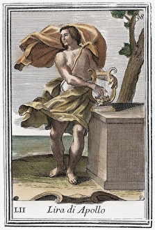 LYRE. A man of antiquity playing a lyre. Copper engraving, 1723, by Arnold van Westerhout LYRE. A man of antiquity playing a lyre. Copper engraving, 1723, by Arnold van Westerhout