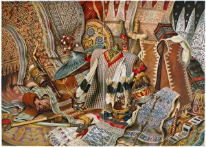 MALAYSIAN CULTURE. Fabrics and weapons of the Malays. Chromolithograph, 1893 MALAYSIAN CULTURE. Fabrics and weapons of the Malays. Chromolithograph, 1893