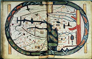 MAP OF THE WORLD, c1060. Map of the world, centering on Jerusalem. Spanish manuscript illumination MAP OF THE WORLD, c1060. Map of the world, centering on Jerusalem. Spanish manuscript illumination