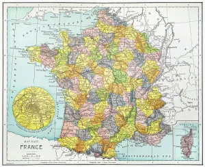Prints of MAP OF FRANCE, c1900. With inset detail of Paris and surrounding area Paris Prints: Print of Map of France, c1900 with Paris Inset