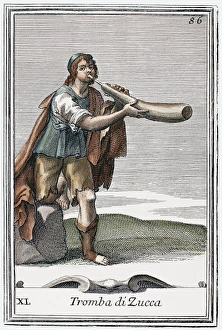 MARROW TRUMPET, 1723. A marrow trumpet, made from a scooped out marrow (squash) into which is inserted a single-reed tube. Copper engraving, 1723, by Arnold van Westerhout MARROW TRUMPET, 1723. A marrow trumpet, made from a scooped out marrow (squash) into which is inserted a single-reed tube. Copper engraving, 1723, by Arnold van Westerhout