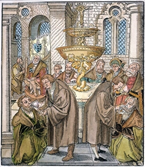 MARTIN LUTHER & JAN HUS giving communion: woodcut by Lucas Cranach (1472-1553) MARTIN LUTHER & JAN HUS giving communion: woodcut by Lucas Cranach (1472-1553)