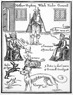 MATTHEW HOPKINS (d. 1647). English witch-finder. Hopkins with two witches MATTHEW HOPKINS (d. 1647). English witch-finder. Hopkins with two witches