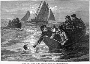 MATTHEW WEBB (1848-1883). English swimmer. Webbs first and unsuccessful attempt to swim MATTHEW WEBB (1848-1883). English swimmer. Webbs first and unsuccessful attempt to swim
