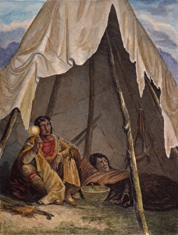A medicine man administering to a patient, to the accompaniement of the sacred rattle A medicine man administering to a patient, to the accompaniement of the sacred rattle
