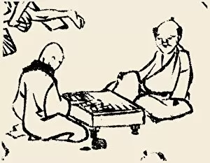 Two men playing Go. Detail of a woodblock print, 1815, from the Manga of Kats us hika Hokus ai