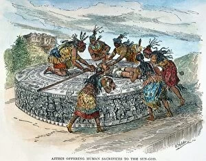 MEXICO: AZTEC SACRIFICE. Aztecs offering human sacrifices to the sun-god. Aztecs performing ritual sacrifice on a stone