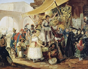 MEXICO: MARKET, 1833. The Queen of the Market, Mexico City: oil sketch, 1833, by MEXICO: MARKET, 1833. The Queen of the Market, Mexico City: oil sketch, 1833, by