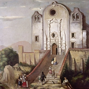 MEXICO: VILLAGE CHURCH. Painting by Leonard Sanchez, mid 19th century MEXICO: VILLAGE CHURCH. Painting by Leonard Sanchez, mid 19th century