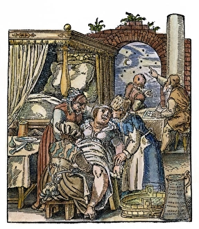 Midwives attend a childbirth while an astronomer casts a horoscope for the newborn Midwives attend a childbirth while an astronomer casts a horoscope for the newborn