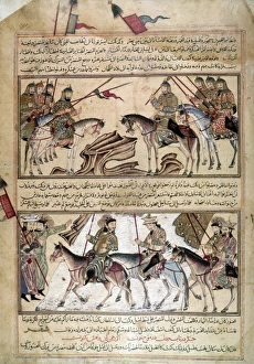 MONGOL TROOPS. Mongol troops on horseback. Illuminations from the Jami al-Tawarikh MONGOL TROOPS. Mongol troops on horseback. Illuminations from the Jami al-Tawarikh