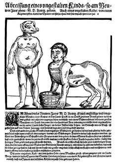 MONSTERS, 1578. Broadside announcing the birth of two human monsters, one with a pigs head MONSTERS, 1578. Broadside announcing the birth of two human monsters, one with a pigs head