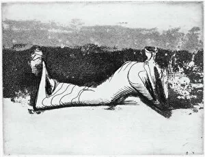 Moore Gallery: MOORE: RECLINING FIGURE. Draped Reclining Figure. Aquatint and engraving by Henry Moore, 1951