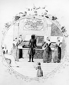 MORAVIAN, 1795. A group of Pennsylvania Moravians gathered to sing hymns. Moravian illustration MORAVIAN, 1795. A group of Pennsylvania Moravians gathered to sing hymns. Moravian illustration