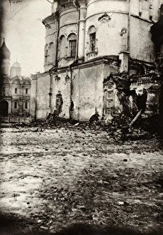 MOSCOW, c1917. A bullet-riddled building in Moscow, Russia, damaged during the Russian MOSCOW, c1917. A bullet-riddled building in Moscow, Russia, damaged during the Russian