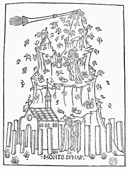 MOSES ON MOUNT SINAI. Woodcut from Libro de divina lege, Venice, Italy, 1486 MOSES ON MOUNT SINAI. Woodcut from Libro de divina lege, Venice, Italy, 1486