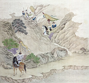 Mounted warriors riding through a mountain pass in China. Watercolor on silk, c1820 Mounted warriors riding through a mountain pass in China. Watercolor on silk, c1820