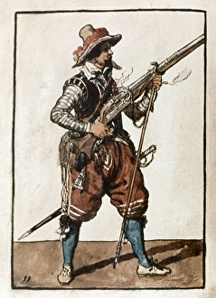 MUSKETEER, 1608. A musketeer, after firing his weapon. Watercolor by Jacob de Gheyn II MUSKETEER, 1608. A musketeer, after firing his weapon. Watercolor by Jacob de Gheyn II