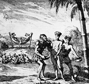 NEW WORLD: EL DORADO, 1727. The gilding of El Dorado. Attendants puff gold dust on his NEW WORLD: EL DORADO, 1727. The gilding of El Dorado. Attendants puff gold dust on his