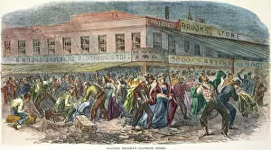 NEW YORK: DRAFT RIOTS 1863. The mob sacking Brooks Brothers clothing store during the New York City Draft Riots of
