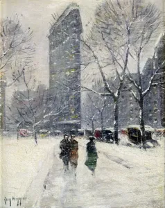 Broadway Gallery: NEW YORK: FLATIRON, 1919. Madison Square (Flatiron Building). Oil painting by Guy Wiggins, 1919