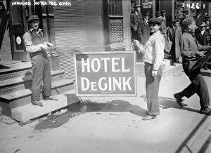 NEW YORK: HOBOS, 1915. Hobos holding the sign of Hotel de Gink in New York City