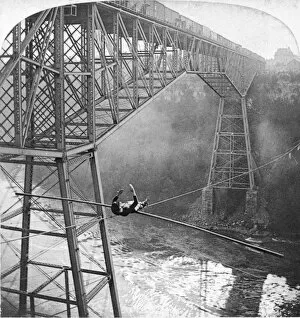 NIAGARA FALLS. Dixon crossing Niagara below the Great Cantilever Bridge: stereograph, 1895