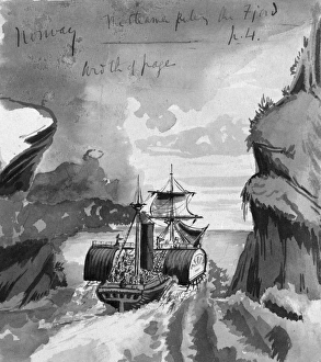 NORWAY, 1856. A steamer passing through a fjord in Norway. Drawing by Bayard Taylor NORWAY, 1856. A steamer passing through a fjord in Norway. Drawing by Bayard Taylor