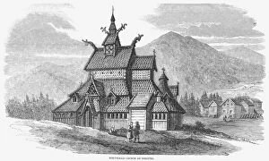 NORWAY: BORGUND CHURCH. Stave church, probably built in the 12th century, at Borgund, Norway. Wood engraving, 1857