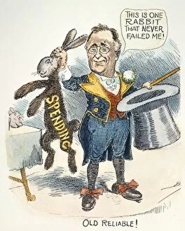Old Reliable! American cartoon, 1938, by Clifford Berryman criticizing President Roosevelt for his New Deal spending