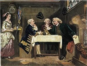 Oliver Goldsmith, James Boswell, and Samuel Johnson at the Mitre Tavern in London. Color engraving, 19th century