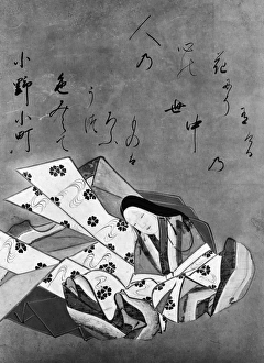 ONO NO KOMACHI (c825-c900). Japanese Waka poet. Japanese scroll painting, early Edo period ONO NO KOMACHI (c825-c900). Japanese Waka poet. Japanese scroll painting, early Edo period