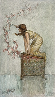 Evils of the World: Pandora's Box Wood Engraving Print, 1885. Art